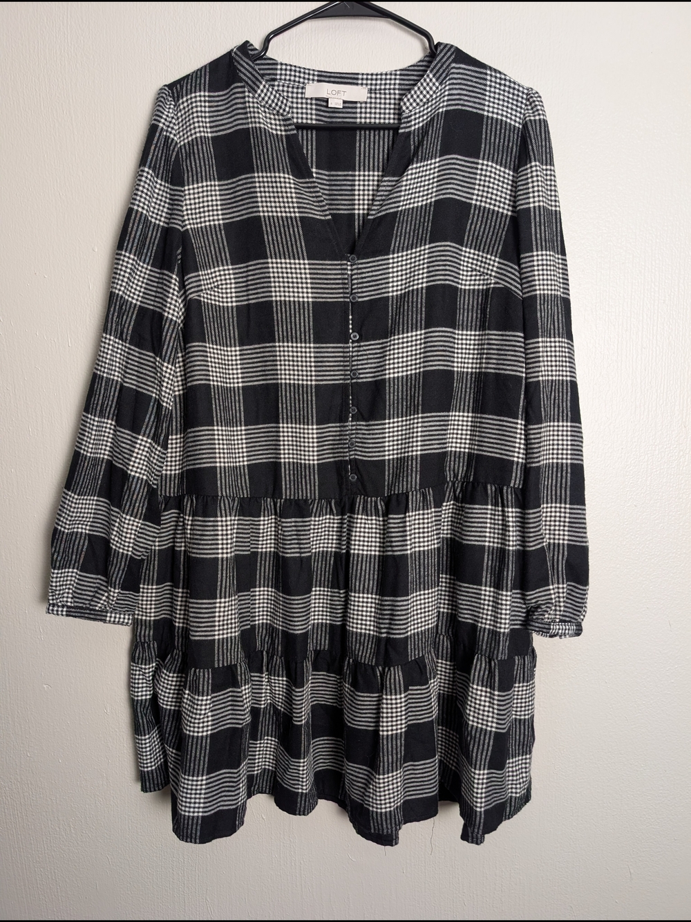 LOFT Black & White Plaid Tiered Button-Front Midi Dress